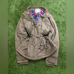 American Eagle Outfitters Olive Jacket with Plaid Lining